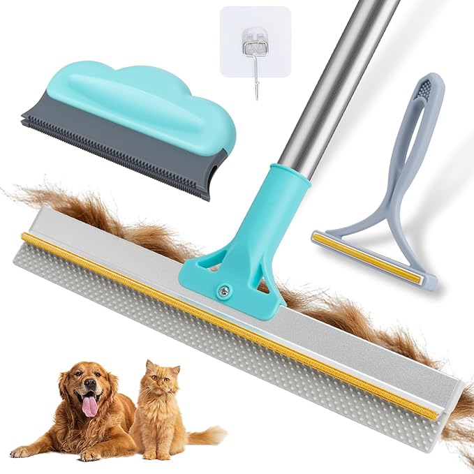 Carpet Rake for Pet Hair Removal Tool Reusable Pet Hair Remover Broom Dog&ampCat Hair Remover Scraper Rake with 54” Adjustable Long Handle 3 Pcs Carpet Brush Rake for Rugs Mats Couch Furniture