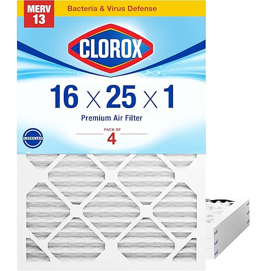 Clorox 16x25x1 Air Filter MERV 13 Pleated HVAC AC Furnace Air Filters for Allergies Pet Dander Smoke and more MPR 1500 &amp FPR 10 – Pack of 4