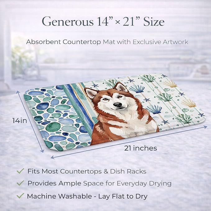 Caroline's Treasures Red and White Alaskan Malamute Coastal Sea Glass Dish Drying Mat Absorbent Dish Drying Mat Pad for Kitchen Counter Dish Drainer Mat for Countertop 14 x 21 Multicolor