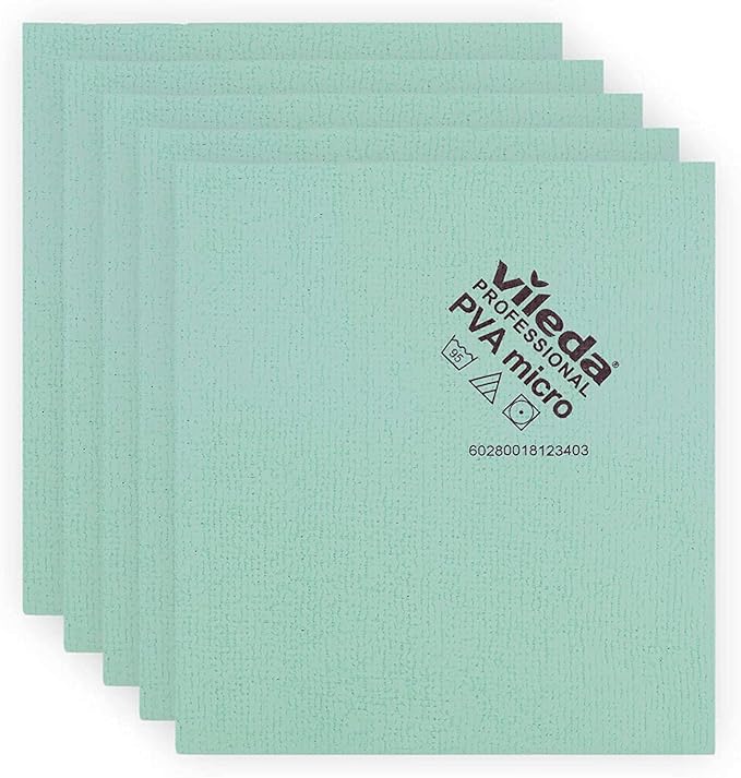 Vileda Professional | PVA Microfiber Green | All Purpose Cleaning Shammy | Shiny Streak Free Results | Synthetic Chamois Towel | Smooth &amp Absorbent Materials | 5 Pack