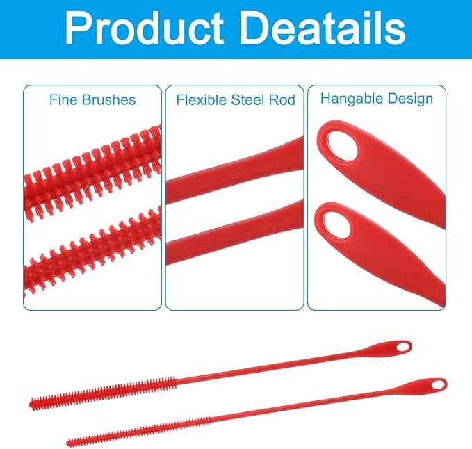 2 Pcs Silicone Straw Brush 9.4 Inch Bottle Straw Brushes Red (6mm+8mm)