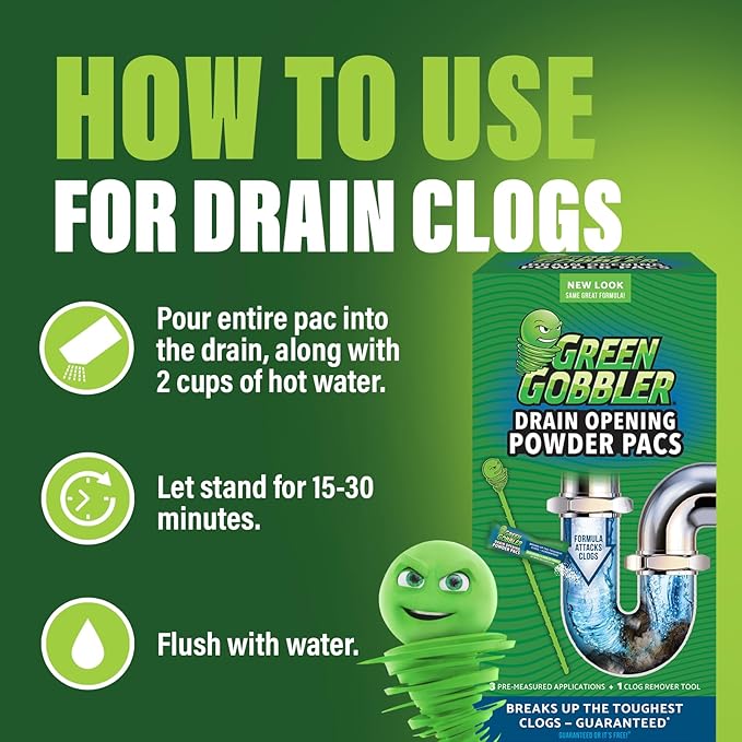 Green Gobbler Drain Clog Remover &amp Drain Cleaner Powder (5 Pacs &amp 5 Tools)