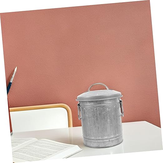 TEHAUX Small Bucket Shaped Garbage Can with Lid for Office and Home Compact Desktop Wastebasket Decorative Vintage Iron Trash Bin for Bedside and Desk Storage