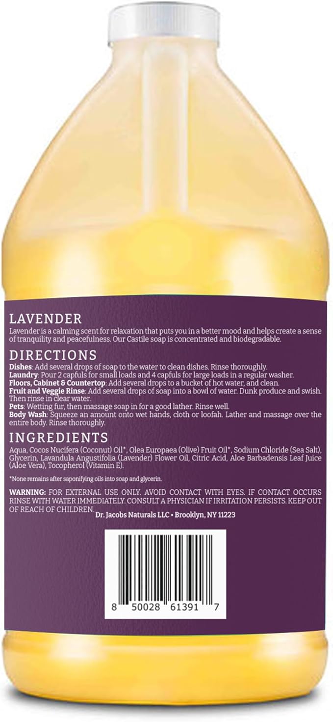 Dr. Jacobs Naturals Pure Castile Soap 64 oz Value Size - Lavender - Made in USA - All-in-One Plant-Based Multipurpose Cleaner for Floors Counters Dishes &amp Laundry Gentle on Skin Biodegradable