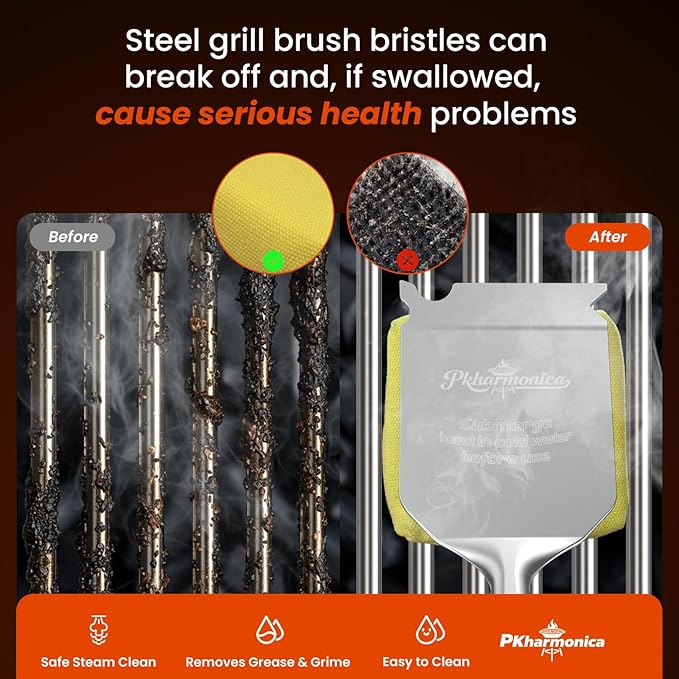 Grill Brush Bristle Free w/Replaceable Yellow Head Enamel Safe 17 Long Handle Grill Cleaner for Outdoor BBQ &amp Griddle MAX Stainless Steel Scraper Corner Reach for Cast Iron Steel