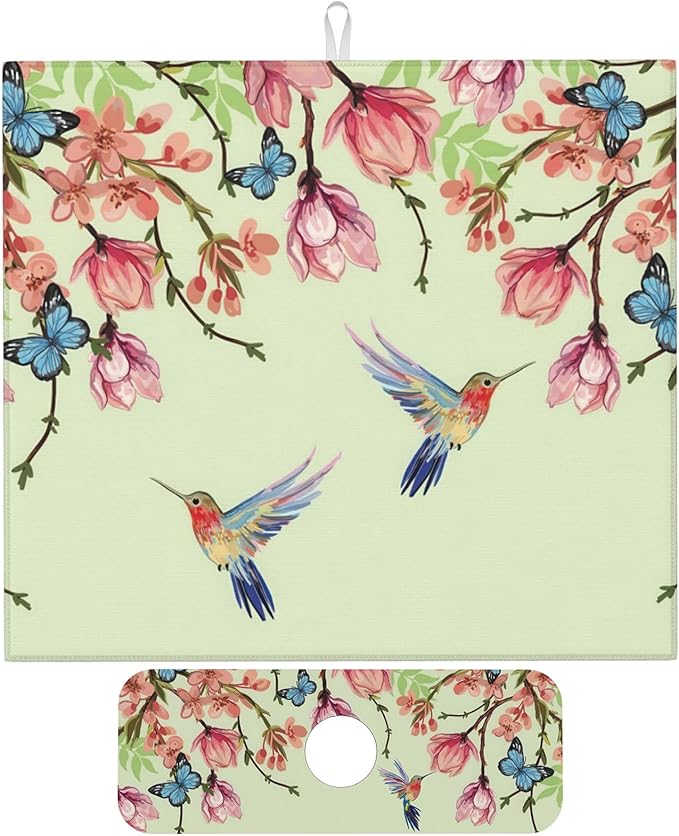 Bird Floral Flowers Dish Drying Mat for Kitchen Counter 16x18 Microfiber Absorbent Fast Dry Mat 2Pcs Dish Mat Faucet Mats Sets Large Drying Kitchen Mat Kitchen Drying Pad Coffee Bar Decor Gifts