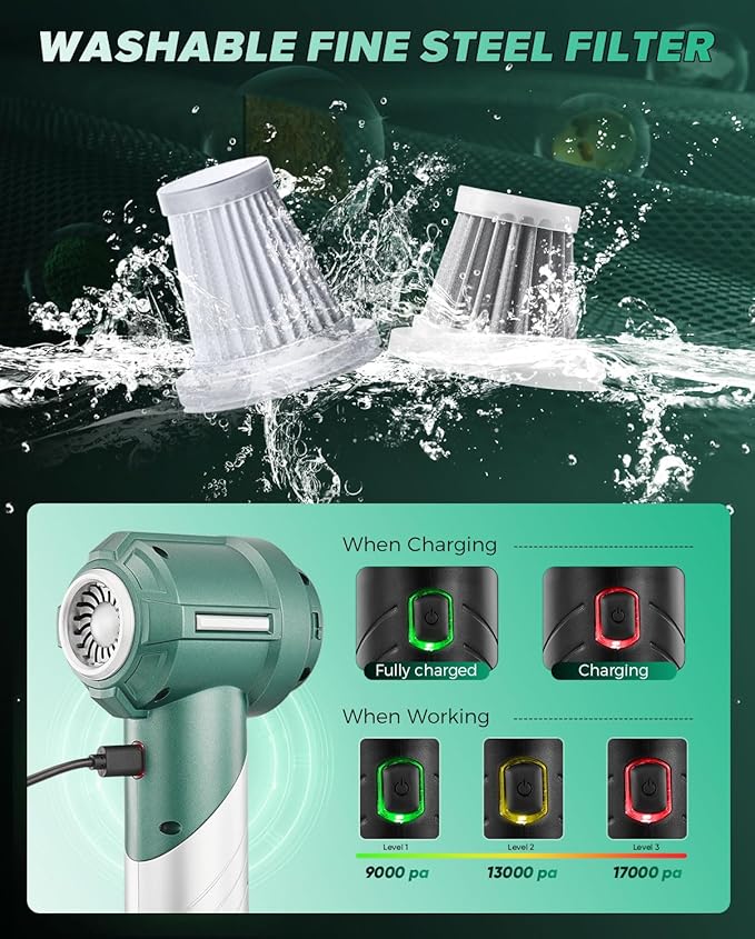Saker Foldable Handheld Car Vacuum Cleaner Portable Cordless 17000PA High Power Mini Vacuum Cleaner and Air Duster with Brushless Motor for HomeCarsOffice Cleaning HL133 Olive Green