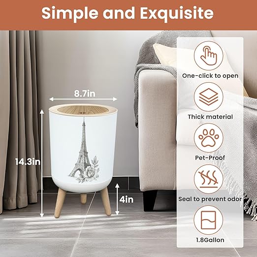 Bathroom Trash Can with Lid Floral Paris Famous Paris Landmark Eiffel Tower Travel France Graphic Garbage Bin Waste Basket for Kitchen Office Bedroom Decoration Diaper Pail 1.8 Gallon