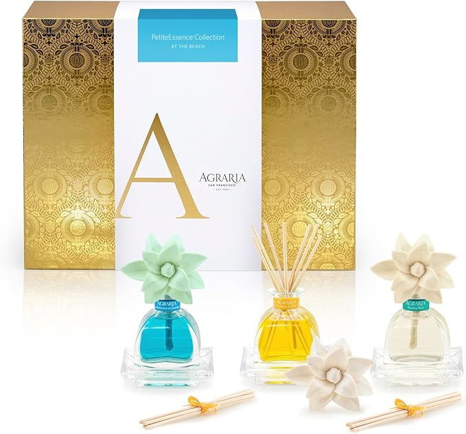 AGRARIA at The Beach PetiteEssence Collection Handmade Sola Flower Reed Diffuser Set of 3 Luxury Home Fragrance Scented Oil Diffuser Gift Set