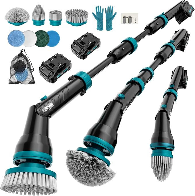 Alloyman 1200RPM Electric Spin Scrubber Floor Cordless Cleaning Brush 2 * 20V Replaceable Battery Power Scrubber for Cleaning with 8 Brushes for Bathtub/Tub/Tile/Floor