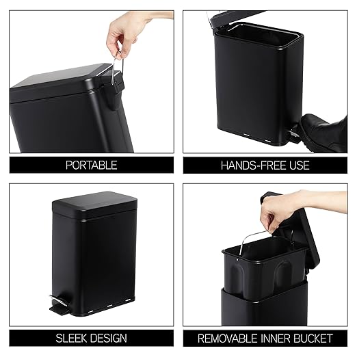 SIMPLEMADE Rectangle Step Trash Can - 5 Liter / 1.3 Gallon - Small with Lid Stainless Steel for Bathroom | Office | Garbage | Metal Wastebasket (Black)