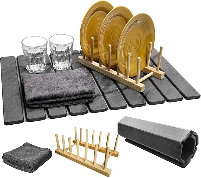 Large Stone Dish Drying Mat for Kitchen Counter Collapsible Marbled Quick-Dry Diatomaceous Earth Mat with Dish Rack and Towel Versatile Drying Mats for Kitchen Utensils (Dark Gray 23.6×15.4)