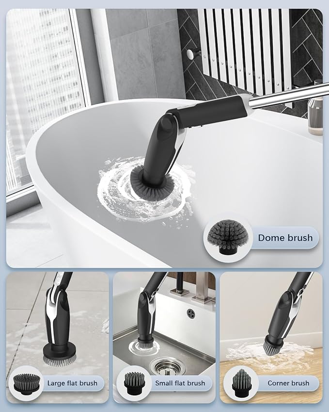 Leebein Electric Spin Scrubber Shower Scrubber with 4 Adjustable Angles and 8 Brush Heads Electric Scrubber with Long Handle &amp Remote Controller Cleaning Brush for Bathroom Tub Floor (Black)