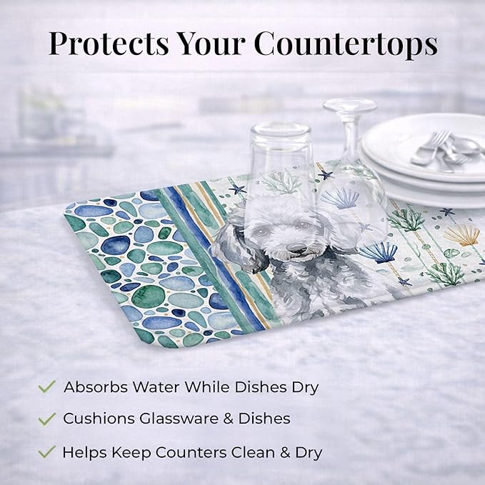 Caroline's Treasures Miniature Silver Poodle Coastal Sea Glass Dish Drying Mat Absorbent Dish Drying Mat Pad for Kitchen Counter Dish Drainer Mat for Countertop 14 x 21 Multicolor