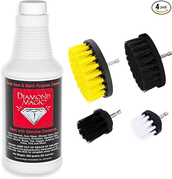 Combo Pack - 20oz Hard Water Spot and Stain Remover Includes 4-pc. Drill Brush Set Commercial Cleaner Stainless Steel Glass Porcelain Multi-surface Real Diamonds