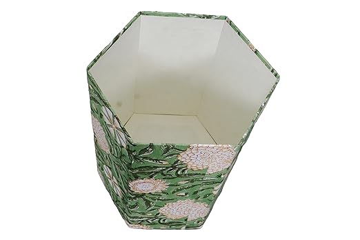 Generic 3.3 Gallon Cotton Hand Block Printed Paper Waste Basket |Small Decorative Trash Can for Housewarming Gifts in Living Room Bedroom Bathroom | Eco-Friendly Plastic-Free (1 GREEN GE.)