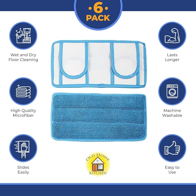 Microfiber Reusable Mop Pad | Durable Machine Washable Floor Cleaning Pads | Swiffer Compatible Dry Mop Pads (6 Pack)
