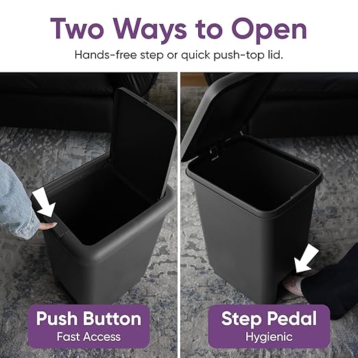 Superio 6.5L 10L and 48L Slim Step &amp Push Trash Cans - 3 Pack Dual Opening Smooth Matte Finish Durable Plastic - Grey