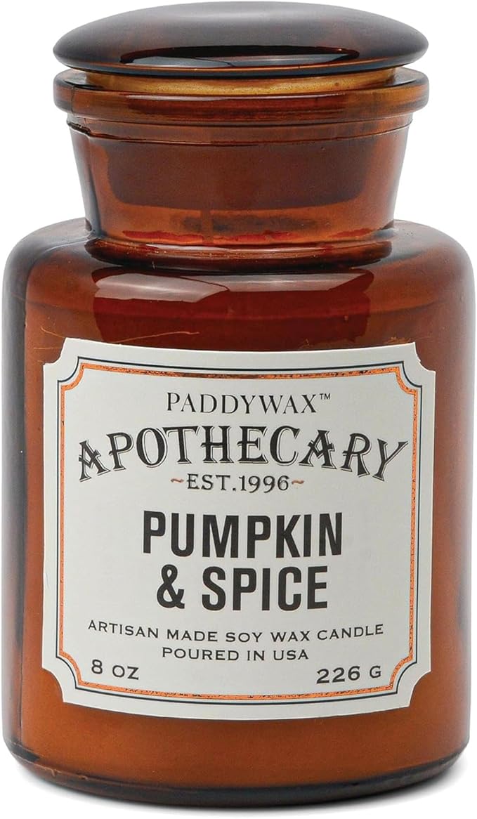 Paddywax Artisan Apothecary Scented Candle with Lid in Reusable Glass Jar Clean-Burn Soy Candle with Approx. 54 Hour Burn Time Pumpkin &amp Spice 8 oz.