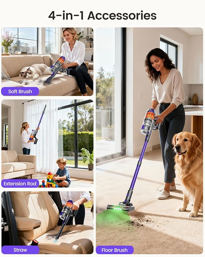 Cordless Vacuum Cleaner500W 40KPa 120Mins Runtime with 2 BatteriesAnti-Tangle Stick Vacuum with Green LightRechargeable Wireless Vacuum for Pet Hair/Carpet/Hardwood FloorPurple