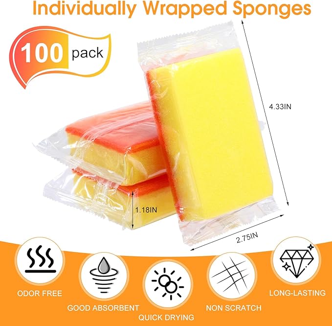 Tioncy 100 Pcs Individually Wrapped Sponges Bulk Kitchen Orange Non Scratch Scrub Sponges Dual Sided Cleaning Scrubber for Household Washing Dishes Pots Pans Sinks Stoves Appliances Car Bike