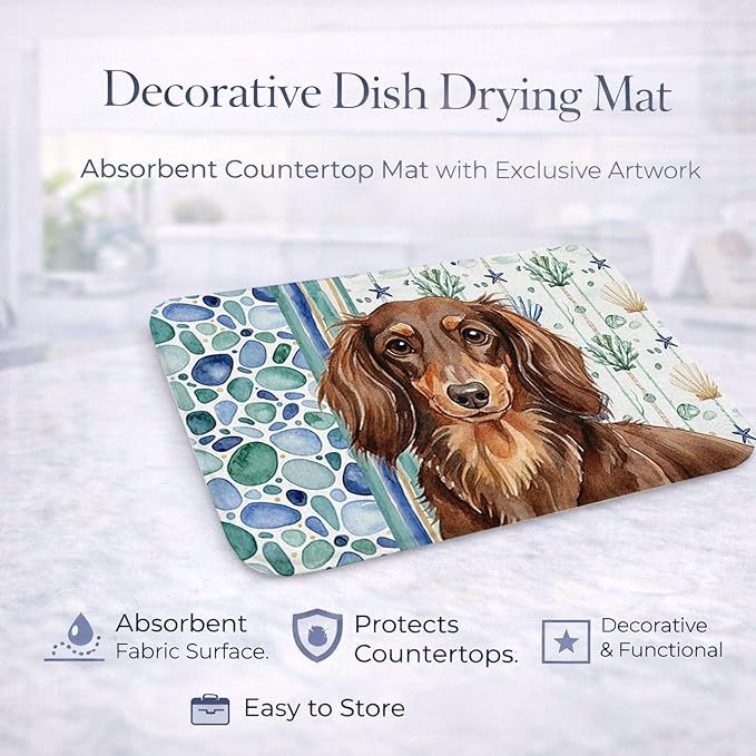 Caroline's Treasures Longhaired Chocolate and Tan Dachshund Coastal Sea Glass Dish Drying Mat Absorbent Dish Drying Mat Pad for Kitchen Counter Dish Drainer Mat for Countertop 14 x 21 Multicolor