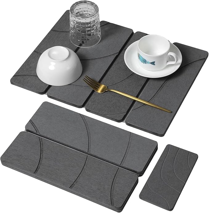 Small Stone Dish Drying Mat for Kitchen Counter 2 PCS 16×12 &amp 8x4 Quick Dry Stone Mats Foldable Water Absorbing Diatomite Drying Dish Pad for Countertop Bottles Utensils Cups(Carved Gray)