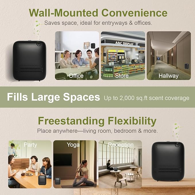 Waterless DiffuserWireless Essential Oil Battery Operated2000 Sq FtSafety LockQuietBluetooth AppHotel Home Collection Scent Machine - Black