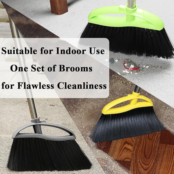 3 Pack Soft Bristle Angle Broom for Floors - Wide Indoor Heavy Duty Broom with 38-53.5 Adjustable Handle Kitchen &amp Restaurant Use for Hardwood Porch (Gray Yellow Green)