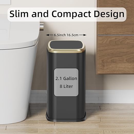 8L/2.1 Gallon Small Bathroom Trash Can with Lid Swing-Top Rectangular Waste Bin Stainless Steel Garbage Can for Home Office Toilet Bedroom Living-Room (Black)