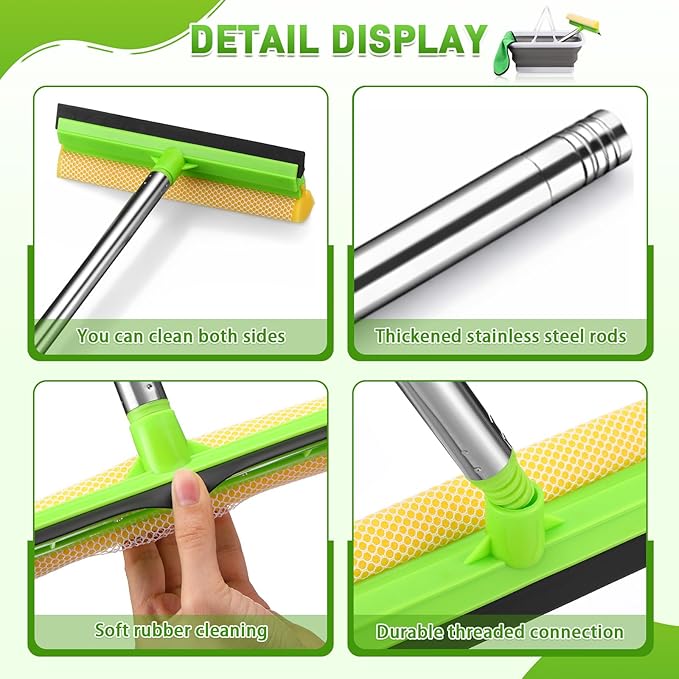 7 Pcs Windshield Car Squeegee and Collapsible Washing Bucket Combo Set 2 in 1 Squeegee Window Cleaner with Long Handle Car Interior Glass Cleaning Tool Reusable Pads Towel Spray Bottle