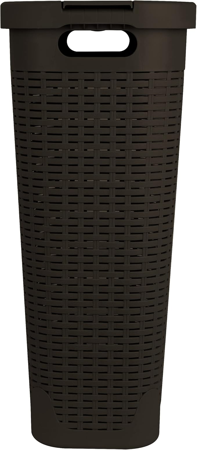 Mind Reader Slim Laundry Hamper with Lid 40L Clothes Basket Narrow Tapered Design with Ventilated Cutout Pattern Plastic Brown