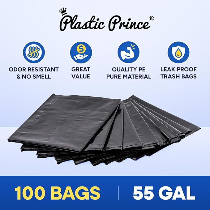 55 Gallon Trash Bags Heavy Duty Large Contractor Garbage Bags for Rubbermaid Brute 44-55 Gallon Trash Cans 38x58 Black Trash Can Liners 1.5 Mil Pack of 100