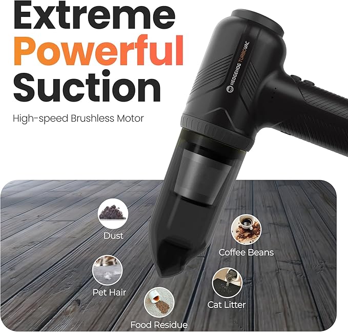 Hedgehog TurboVAC 3 in 1 Portable Car Vacuum Cleaner Blower &amp Air Pump - Hand Held Vacuum Cleaner for Car with USB C Rechargeable 14000PA Powerful Suction Lightweight Dust Buster for Home &amp