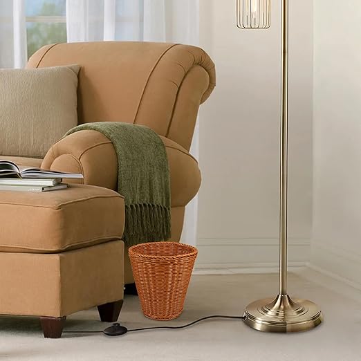 Housoutil Imitation Rattan Trash Woven Holder with Lid Handmade Round Desktop Wastebasket Brown Multi-Function Storage Basket for Home Office Bathroom Use