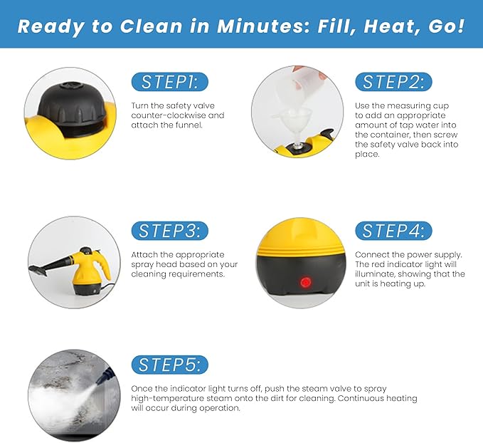 Handheld Steam Cleaner1000W Pressurized Steam Cleaner with 11 Attachments for Multi-Surface Deep Cleaning Fast-Heating &amp Continuous Steam Safe for Kitchen Bathroom Car Floors Sofa
