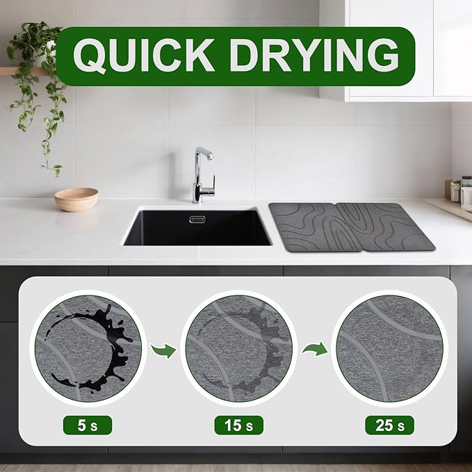 Stone Drying Mat for Kitchen Counter2 Pack 16''x12'' Quick Dish Drying Stone Mat KitchenDouble-sided Diatomaceous Earth Stone Drying MatNo Moisture Residue Stone Dish Drying Mat (Curved Stripes)