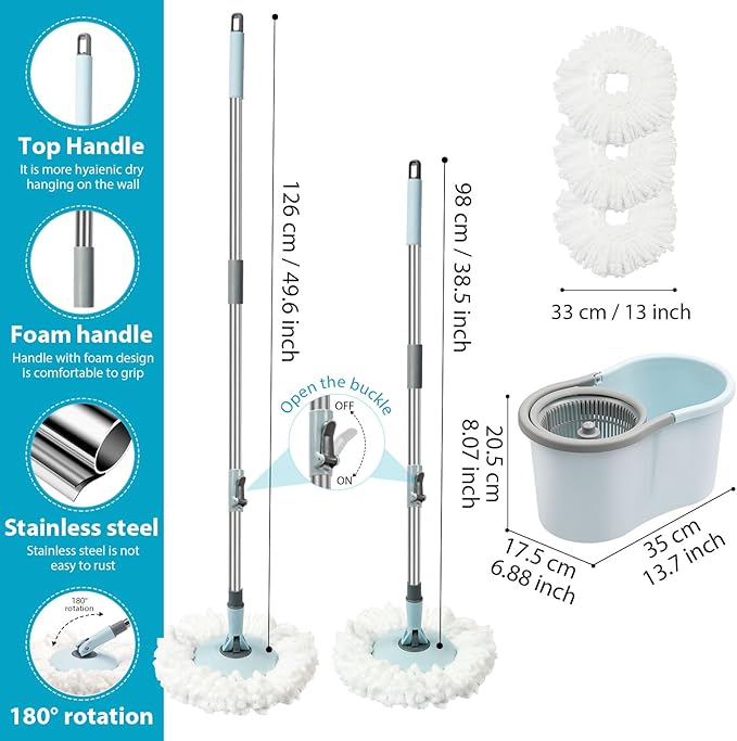 Spin Mop and Bucket with Wringer Set 360° Spinning Mop Bucket System with 3 Microfiber Mop Replacement Heads and 50 Stainless Steel Adjustable Handle for Floor Cleaning