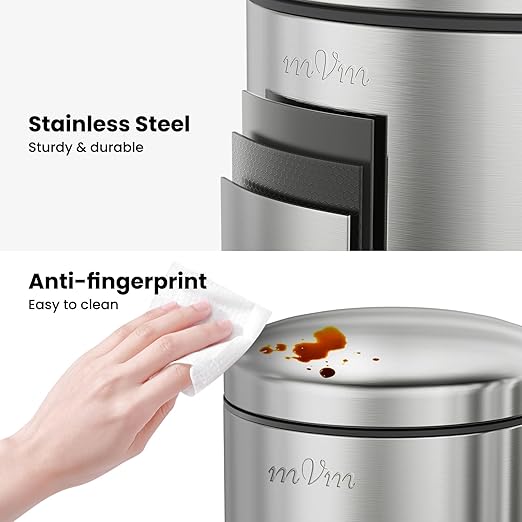 mVm Bathroom Trash Can3.2Gallon(12L) Office Trash Cans Step Round Garbage Can with Lid Soft-Close Anti-Fingerprint.Brushed Stainless Steel Trash Can for BathroomOfficeBedroomLiving Room(Gray)