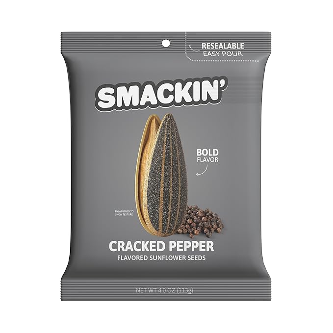 SMACKIN' - Jumbo Roasted Sunflower Seeds No Salty Burn American Made Easy Pour &amp Seal - Cracked Pepper 4oz bag (12 Bags)
