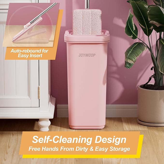 JOYMOOP Pink Mop and Bucket with Wringer Set for Home with 3 Reusable Microfiber Mop Pads Hands-Free Self-Cleaning System Suitable for Floor Cleaning and Wall Cleaner
