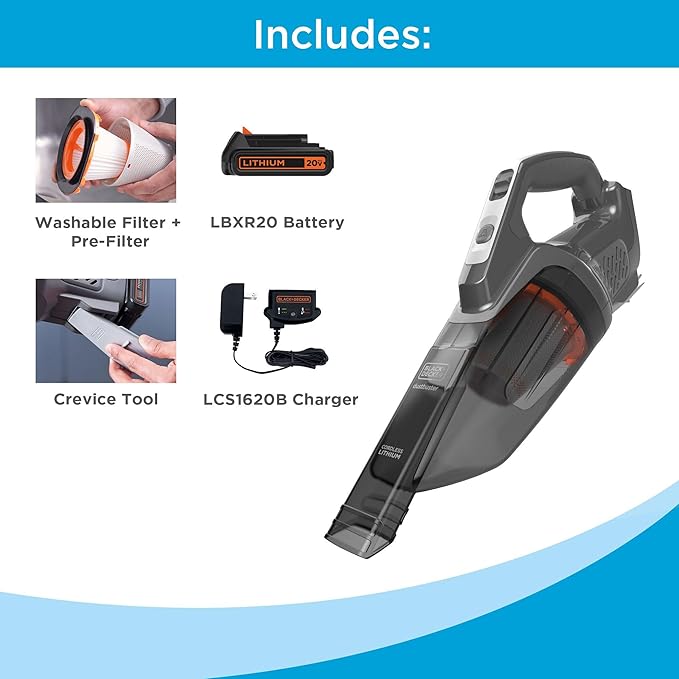 BLACK+DECKER 20V dustbuster Small Vacuum Cleaner Portable Vacuum Hand Held Cordless for Home and Car Includes Rechargeable Battery (BCHV001C1)