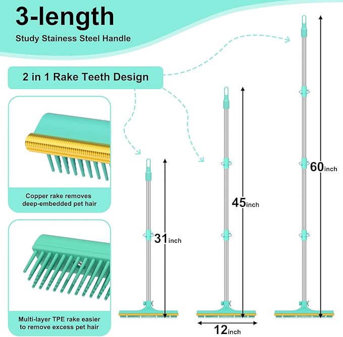 Carpet Rake for Pet Hair Removal - 60 Adjustable Long Handle Carpet Rake 3 in 1 Reusable Pet Hair Removal Tool Kit Cat Dog Fur Rakes Scraper Carpet Broom for Carpets Rugs Mats