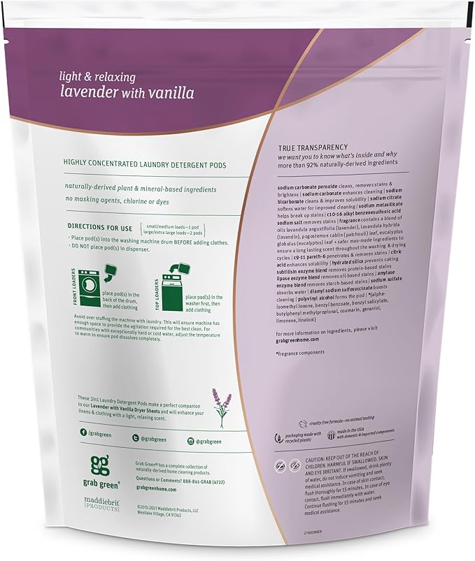 Grab Green Natural 3 in 1 Laundry Detergent Pods Lavender + Vanilla-with Essential Oils Organic Enzyme-Powered Plant &amp Mineral-Based White 34 Oz 60 Count