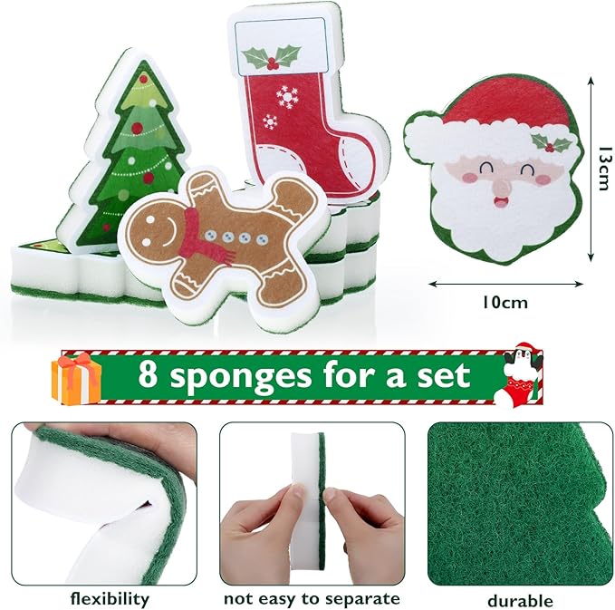 Domensi 8 Pcs Christmas Sponges Santa Christmas Tree Gingerbread Man Household Cleaning Dishwasher Sponges Non Scratch Scouring Pad for Dish