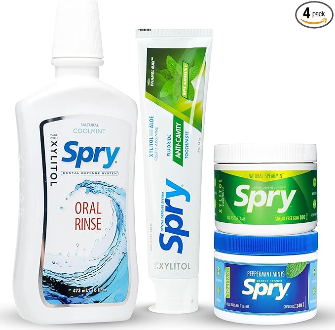 Spry Total Dental Health Kit All Day Oral Care and Gum Health Kit Including Xylitol Sugar Free Gum Candy Mints Oral Rinse and Spearmint Toothpaste