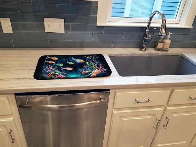 Caroline's Treasures Bioluminescent Fish Dish Drying Mat Absorbent Dish Drying Mat Pad for Kitchen Counter Dish Drainer Mat for Countertop 14 x 21 Multicolor