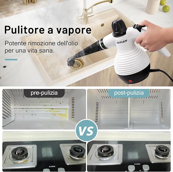 Steamer for Cleaning Multipurpose Portable Steam Cleaners for Home Use with Safety Lock and 10 Accessory Kit to Remove Grime Grease and More (Black) (White)