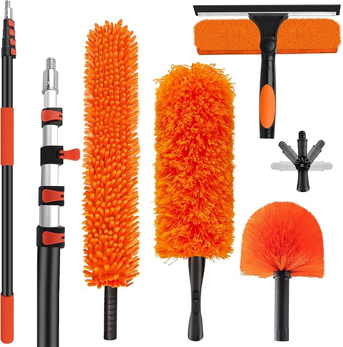 26FT High Reach Duster Cleaning Kit with 5-20 FT Extension PoleHigh Ceiling Dusting and Window Cleaning Kit with Microfiber Feather DusterCobweb DusterCeiling Fan DusterWindow Squeegee Cleaner