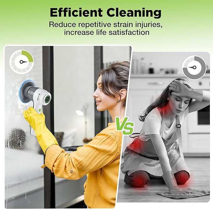 WORKPRO 8V Electric Spin Scrubber 3-Speed Adjustable Shower Scrubber with 6 Replaceable Brush Heads IPX6 Waterproof Electric Scrubber for Cleaning Bathroom Kitchen Sinks and Windows